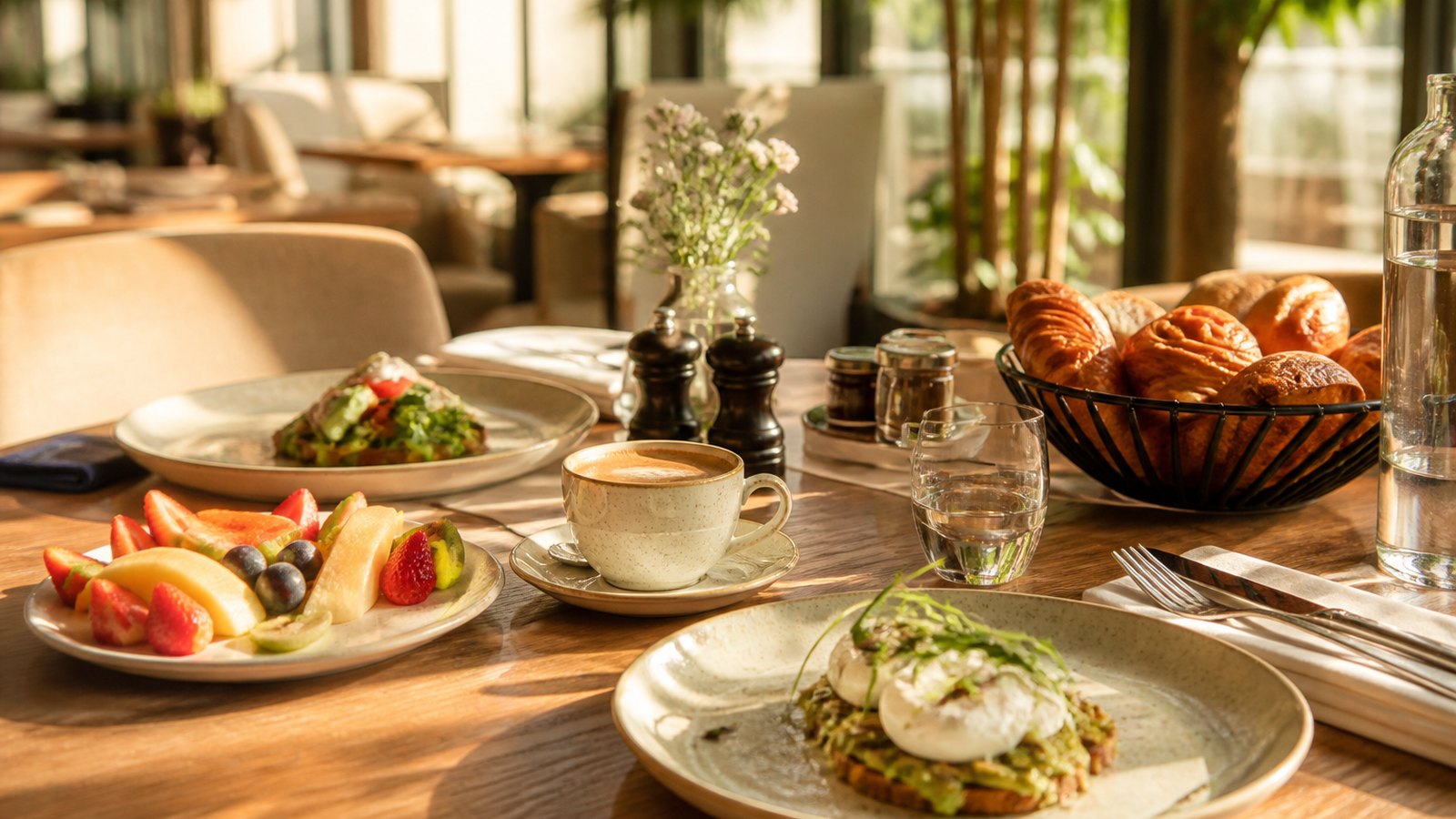 Sunlit hotel breakfast table