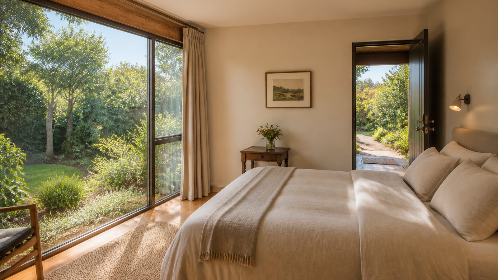 Garden Room with soft bed and morning light