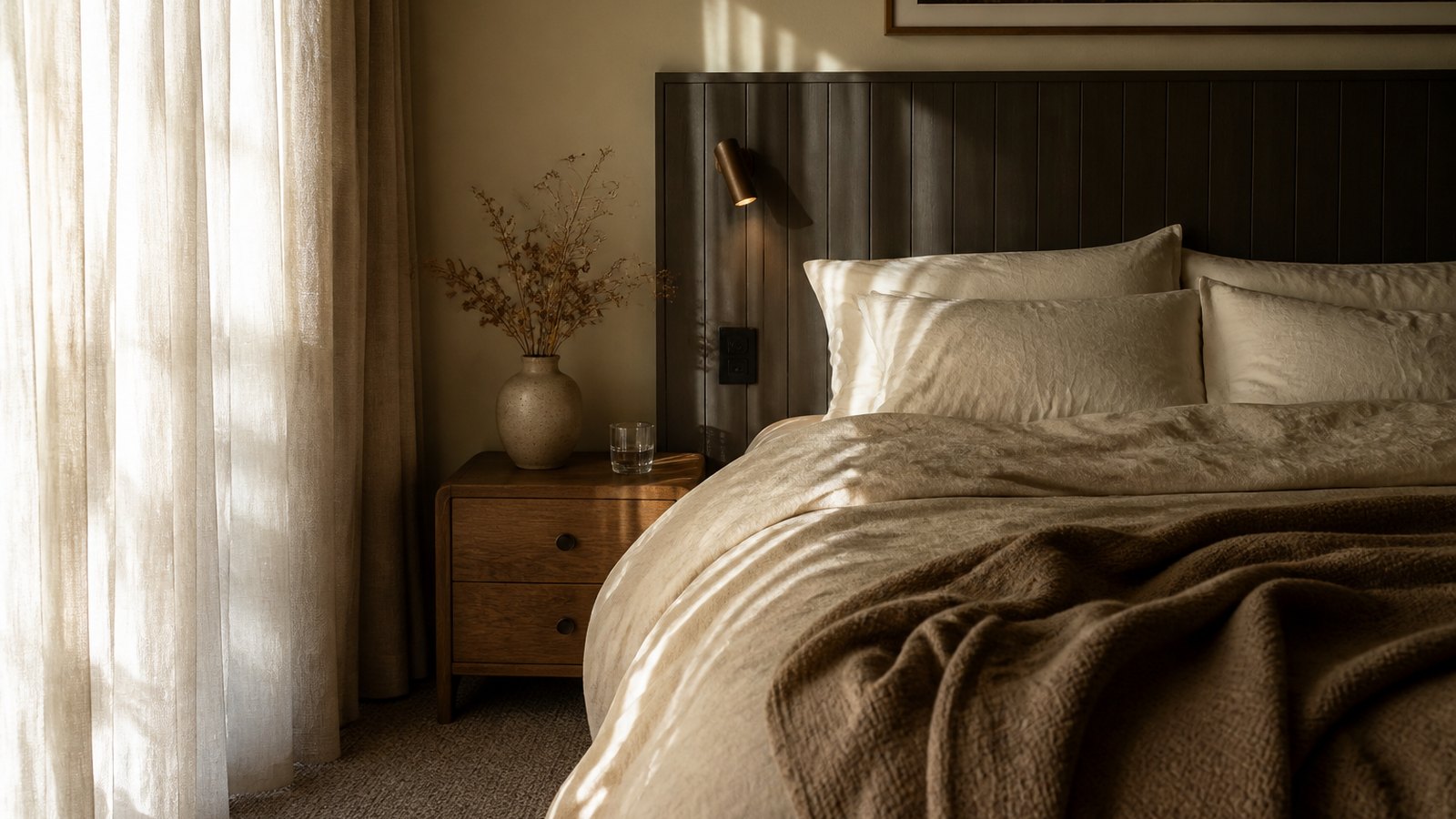 Warm linen-filled guest room at Happylume