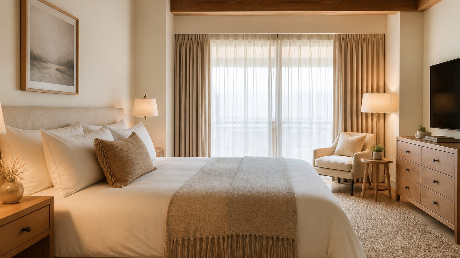 Linen King Room with natural timber furniture