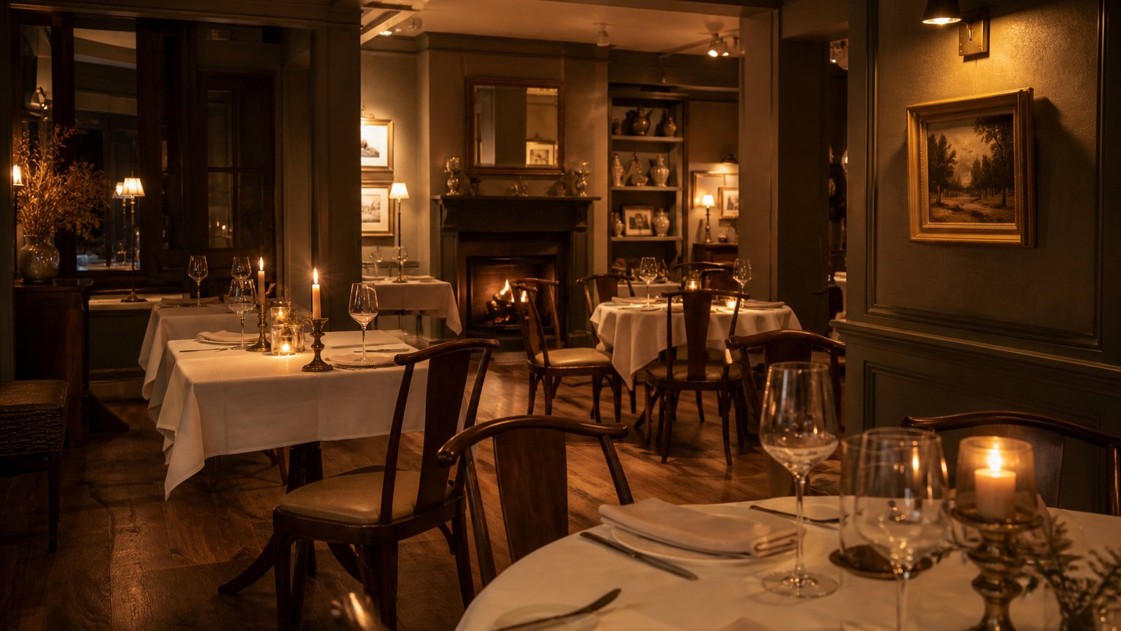 Evening dining room at Happylume with set tables