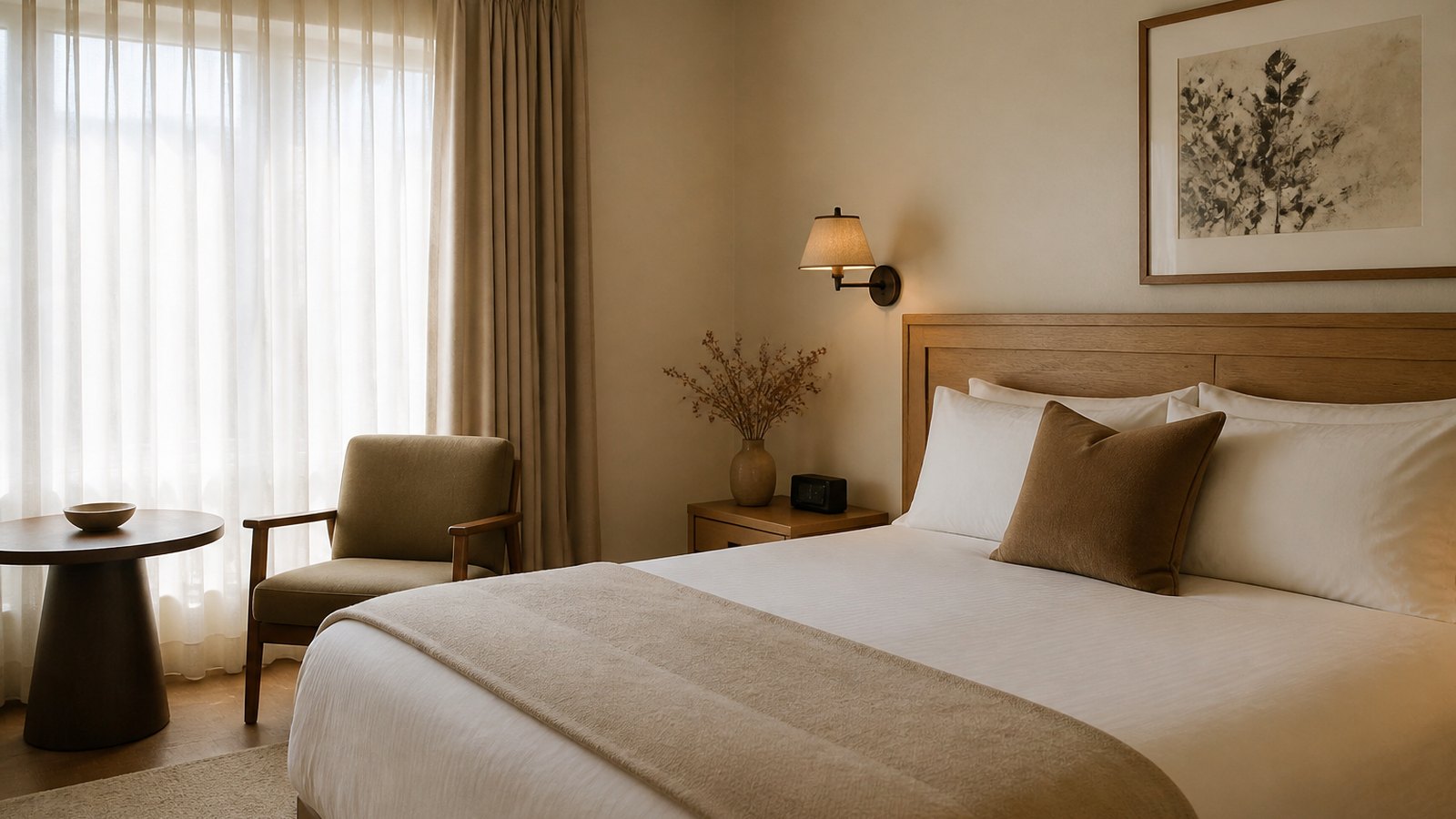 Calm guest room with natural textures