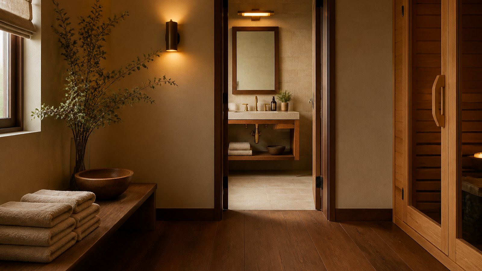 Quiet wellness space with warm natural materials